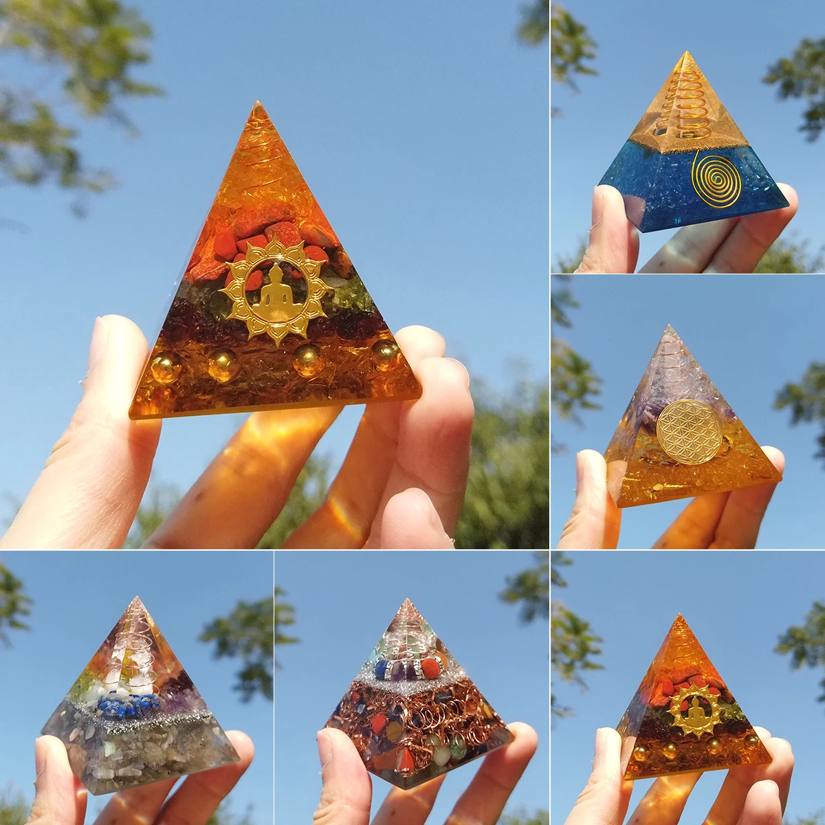 

5cm Orgone Pyramid Sphere Natural Stone Resin Crafts Ornament Lucky Health Feng Shui Spirituality 7 Chakra Orgonite Gemstones