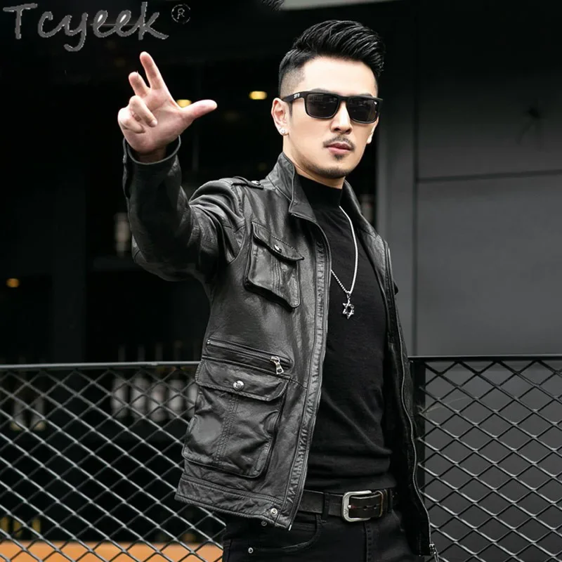 Tcyeek мужские дубленки из натуральной овчины винтажные куртки кожи