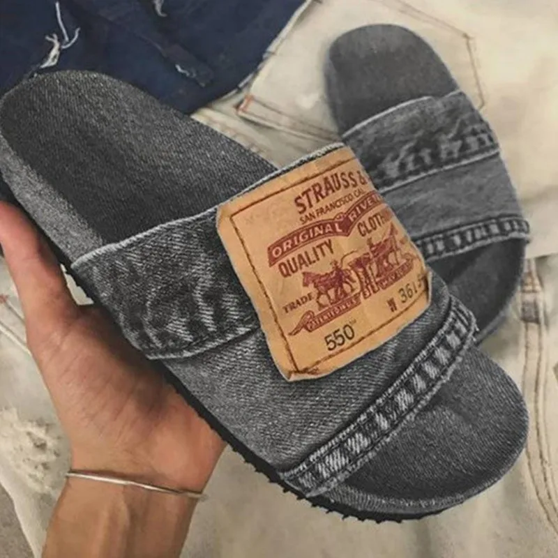 2023 New Women's Denim Slippers Outdoor Fashion Casual Beach Shoes Comfortable Soft Sole Anti slip Indoor Flat Bottom Slippers