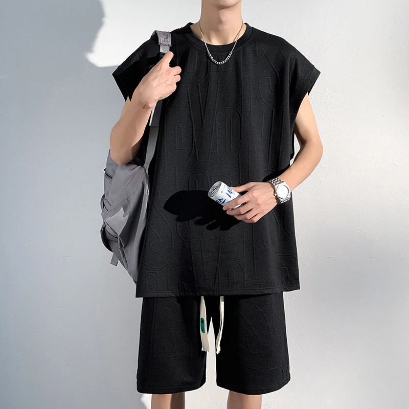 Summer Streetwear Letter Texture Casual Set Korean Trendy Tide Oversized Sleeveless Top Shorts Solid Color Two Piece Set Unisex