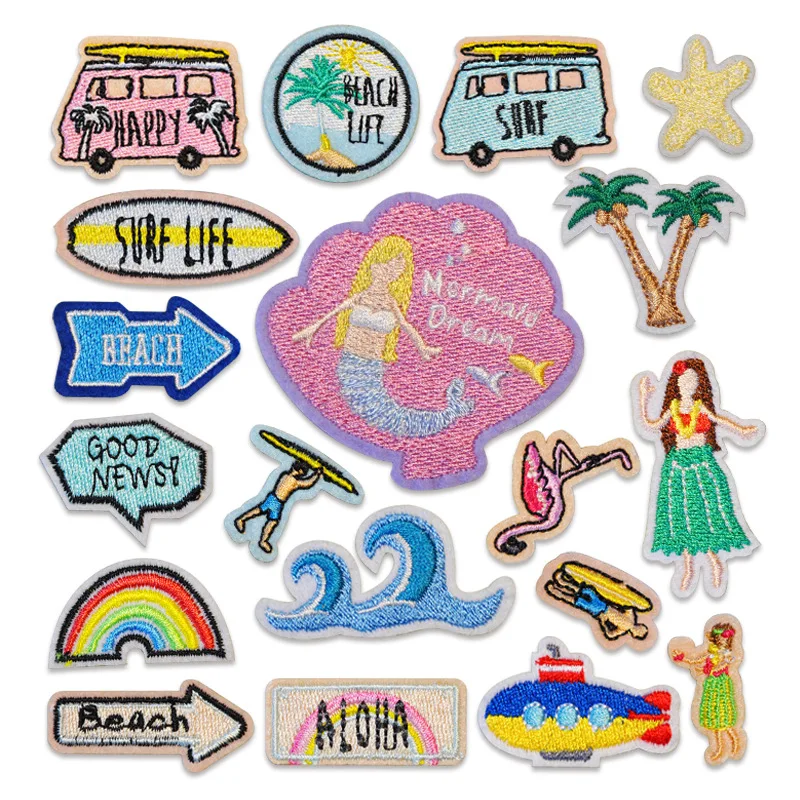 

100pcs/lot Embroidery Patch Sea Wave Beach Surf Coconut Letter Mermaid Clothing Decoration Craft Diy Iron Heat Transfer Applique