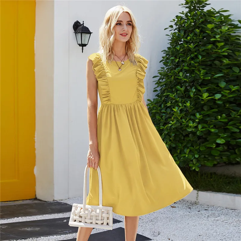 

Dress 2023 Summer Women's Fashion Youth Wind Lotus Leaf Edge A-line Vintage Solid O-neck Sleeveless Loose Beach Dress Gown
