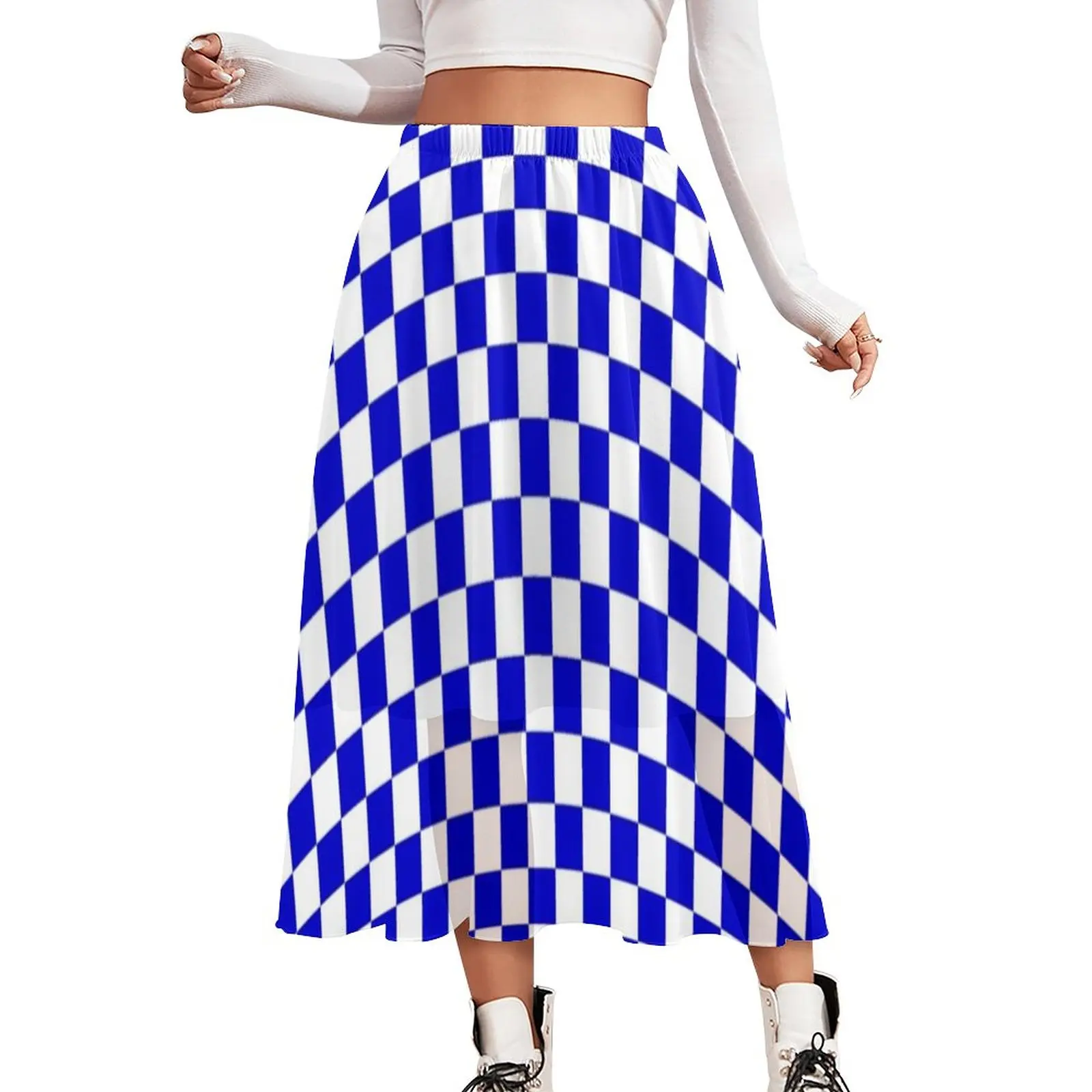 

Checkerboard Pattern Skirt Blue White Checker Kawaii Boho Skirts Elastic Waist Print Street Wear A-line Skirt Big Size 3XL 4XL
