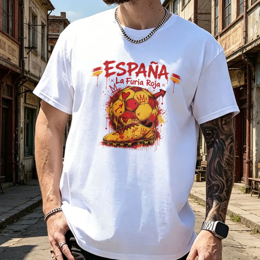 Фото Футболка для болельщиков сборной Испании La Furia Roja España, винтажная, с красными брызгами краски, к Чемпионату мира 2026, подарок для футбольных фанатов, хлопковая футболка для болельщиков Испании №5