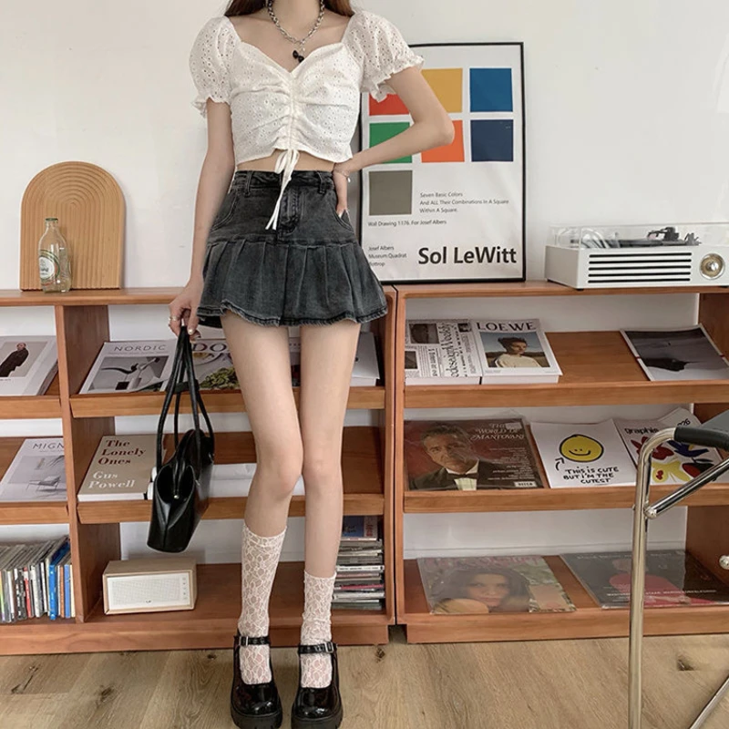 

Harajuku Punk Y2K Denim Mini Pleated Skirt Ladies 2022 Summer High Waist Jeans Shorts Skirts Women Ruffles Fashion Korean