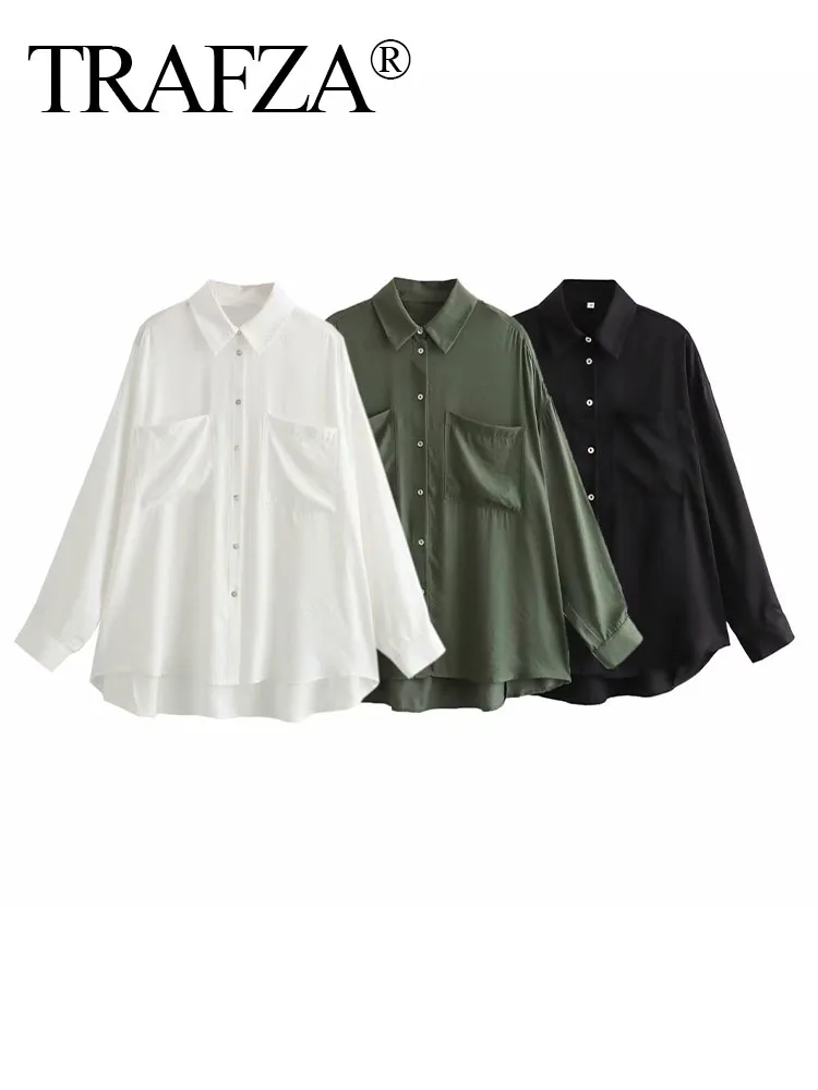 

TRAFZA Female Shirts New Loose Blouses Casual Long Sleeve Button Pocket All-Match Women Autumn Vintage Shirts Chic Tops Mujer