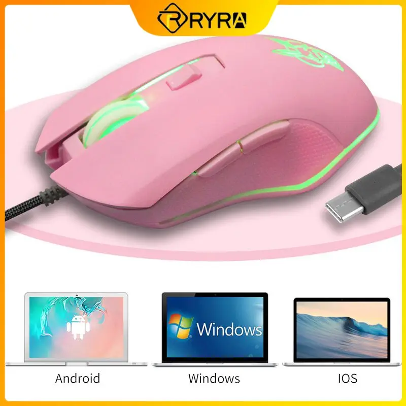 

Проводная оптическая мышь RYRA USB Type-C, Ослепительная яркая светящаяся игровая мышь, Новая розовая Милая мышь Kaqiu, геймерская мышь