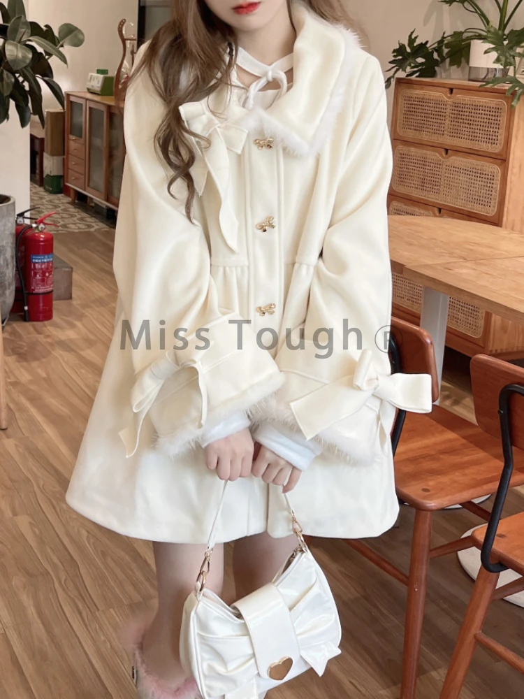 Зимнее кавайное шерстяное пальто с кукольным воротником в стиле ретро женское