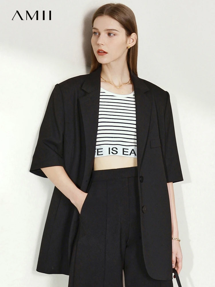 Amii Minimalism Summer Blazer For Women Coat Half Sleeve Office Lady Solid Lapel Blazers Female Fashion Loose Jacket 12240264