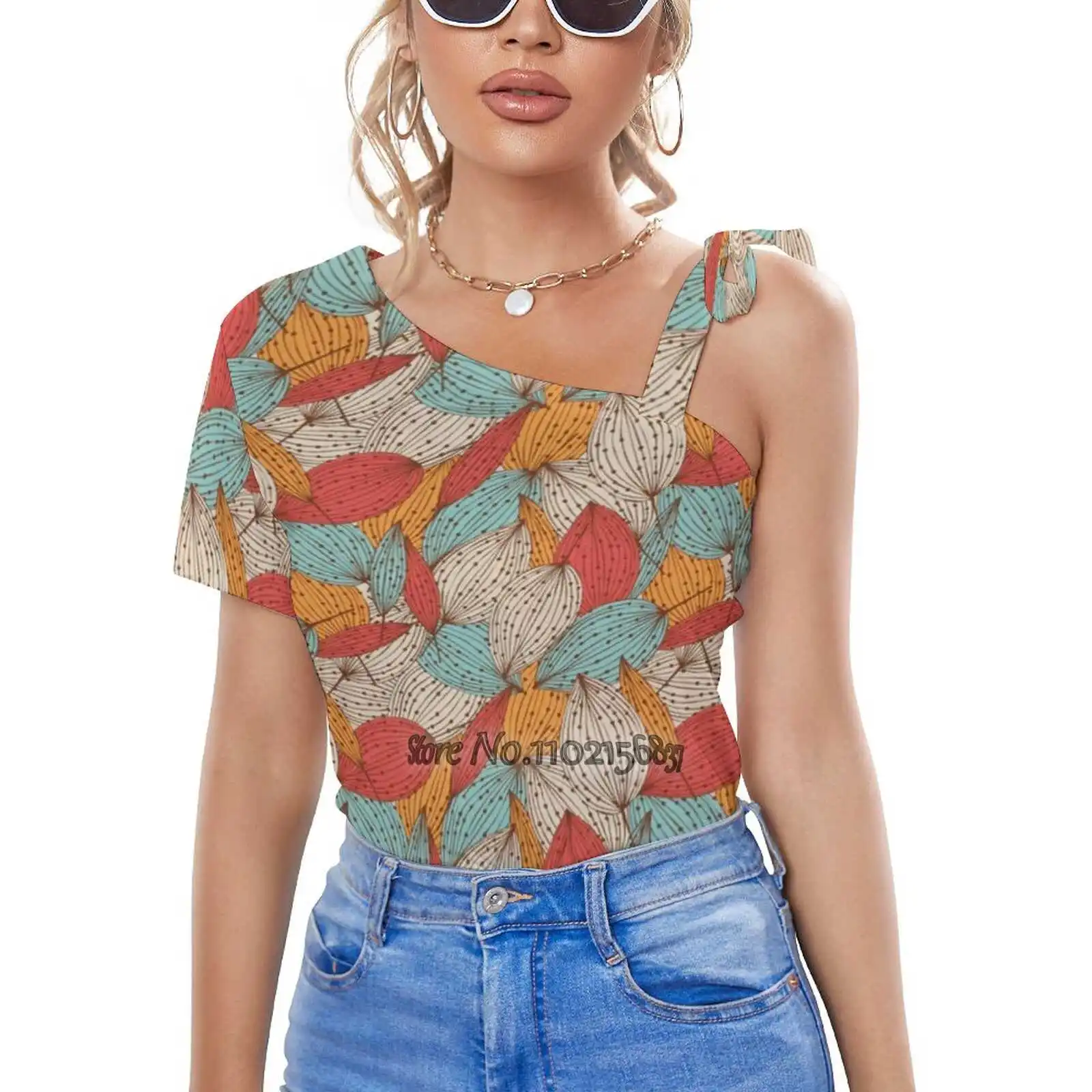 

Женская футболка на одно плечо, с принтом листьев