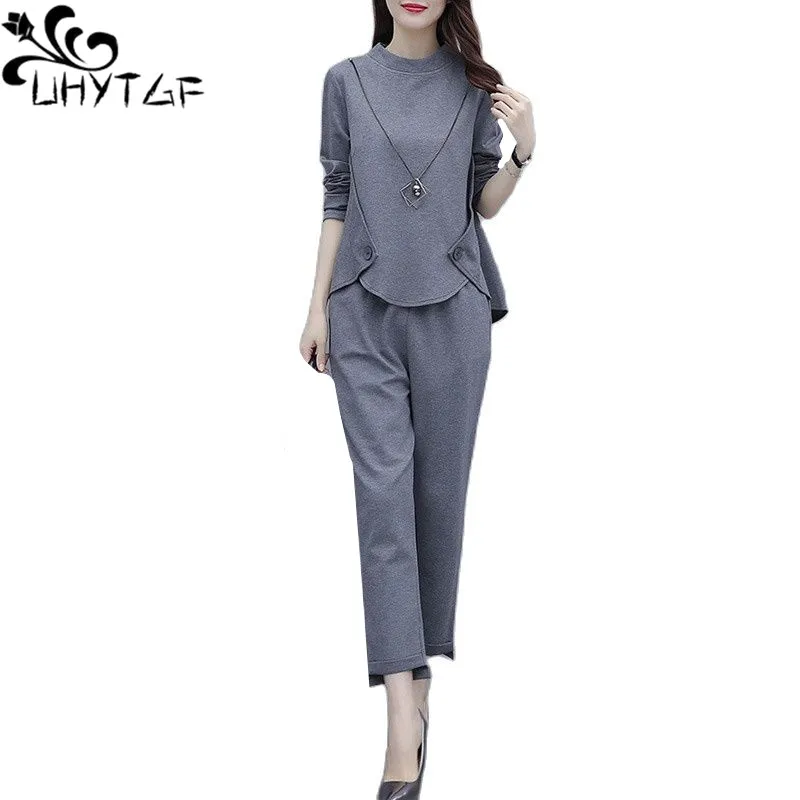 

UHYTGF 2022 Spring Autumn Two-Piece Set Womens Long-Sleeved Tops And Pants Suit Female Casual Tracksuit 4XL Loose Size Outfits 1