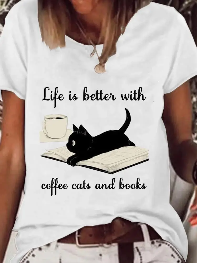 

Short Sleeve Clothes Print T Shirt Basic Tee Women Clothing Fashion Cat Books Coffee 90s Graphic T-shirt Summer Kawaii Top