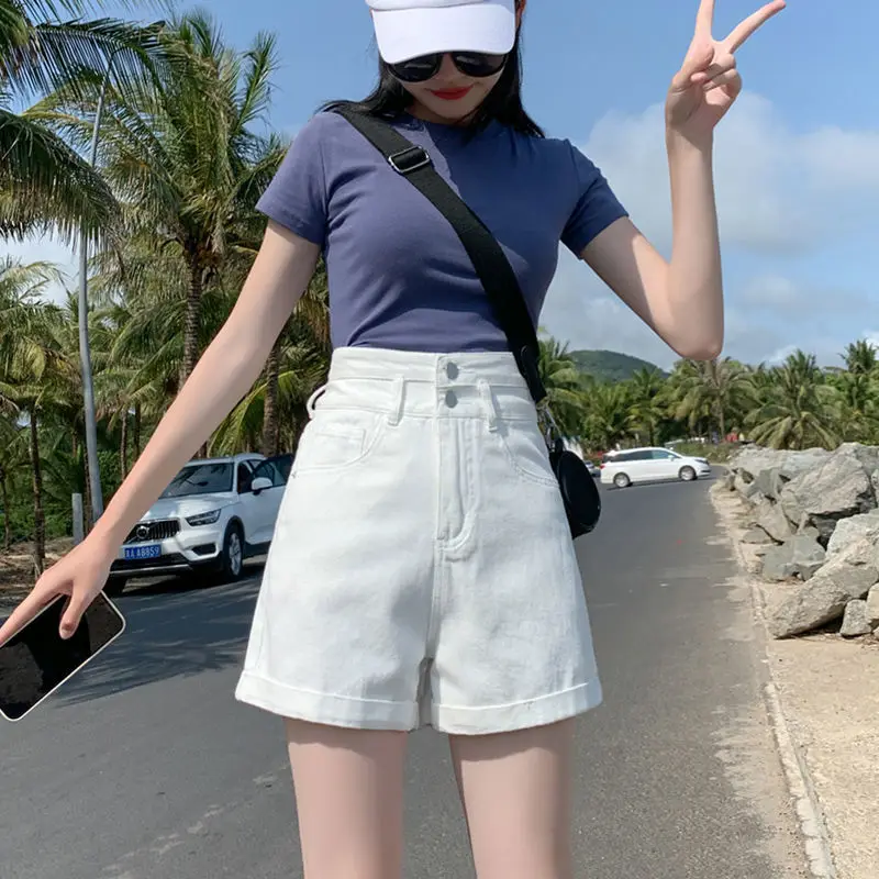 

Women 2022 Summer New Fashion Solid Color Shorts Jeans Female High Waist Denim Shorts Ladies Thin Loose Wide Leg Shorts D142