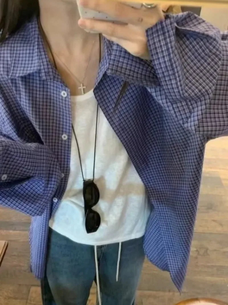 Осень/зима с лацканами 024 синяя клетчатая однобортная рубашка длинными рукавами