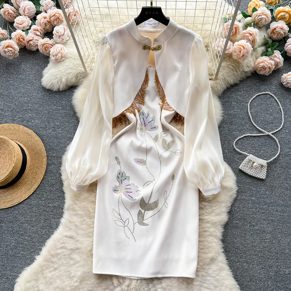 New Designer Fashion Spring Beading Tassel Bodycon Dress Vintage Women Stand Collar Flower Embroidery Slim Split Party Vestidos