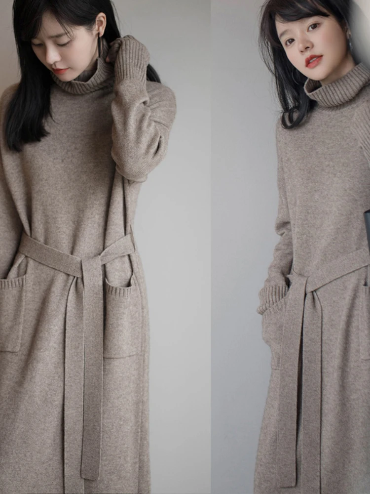 Толстое Зимнее женское платье осенний свитер с длинным рукавом вязаные платья