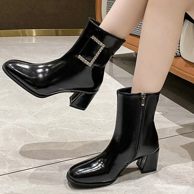 

Crystal Chelsea Ankle Boots Women High Heels Shoes 2022 Winter Thick Pumps Designer Ladies Zipper Square Toe Snow Warm Botas