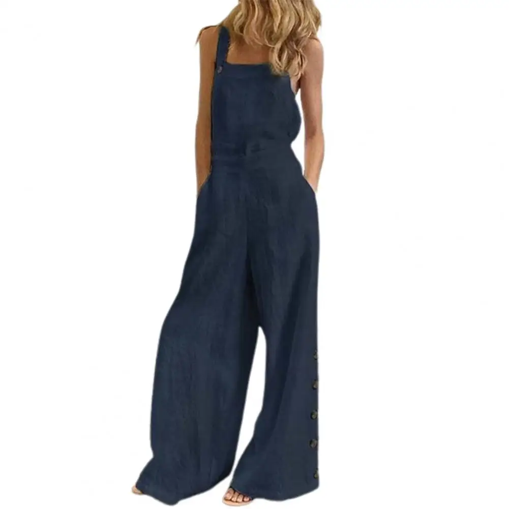 

Loose Streetwear Solid Color Wide Leg Pockets Strappy Playsuit Overall for Party