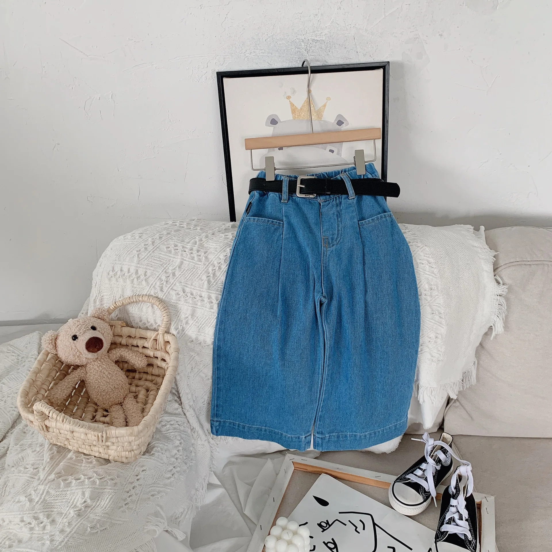 

Girls' Wide Leg Jeans 2023 Spring New Baby Korean Version Westernized Loose Slim Straight Pants with Belt Gift Girls