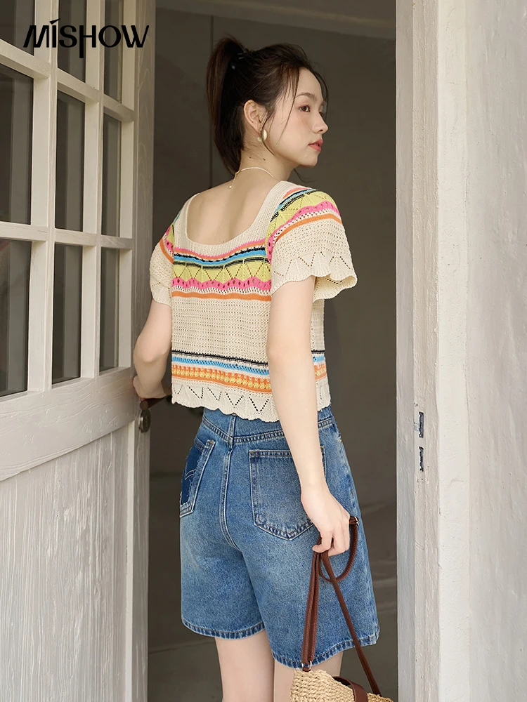 MISHOW Denim Shorts for Women 2023 Summer High Waist Slim Pockets Wide Leg Casual Loose Female Short Pants Streetwear MXC33K0020