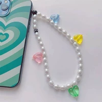 creative resin transparent heart imitation pearl pendant personality mobile phone chain anti lost lanyard charming girl jewelry