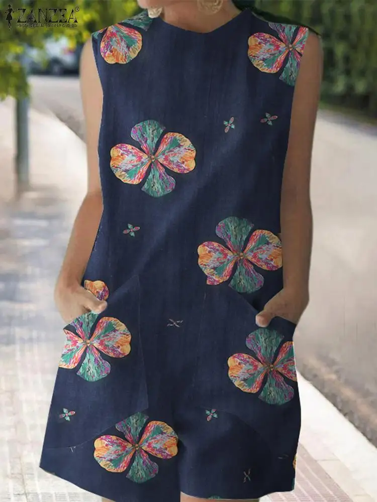 

ZANZEA Summer Women Fashion Printed Playsuits Sleeveless O-Neck Side Pockets Jumpsuit Bohemian Holiday Casual Overalls Rompers