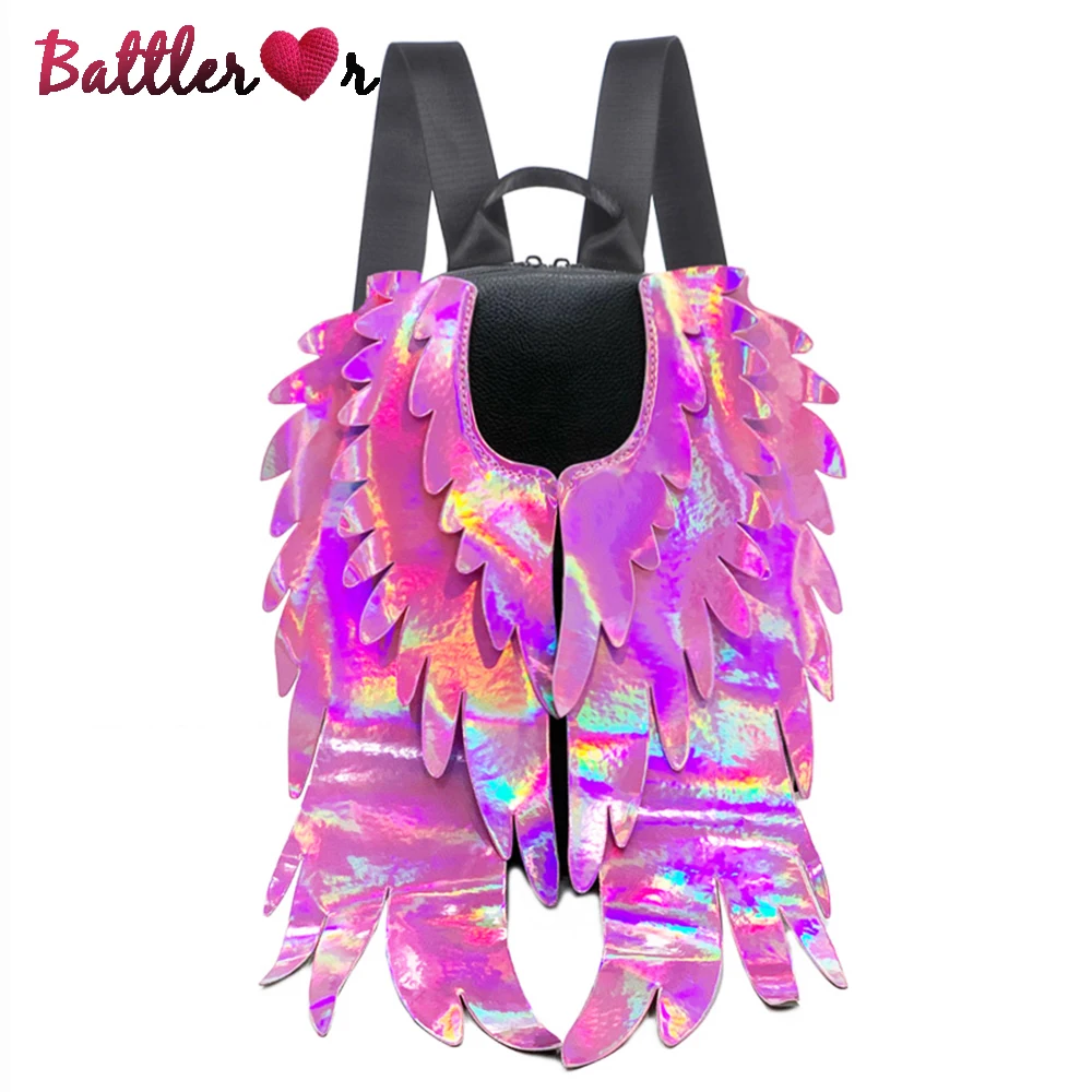 

Leather Wings Design Backpack for Women Laser Color Big Wing School Bag Designer Women Korea Dual-use Shoulder Bag Bagpack New