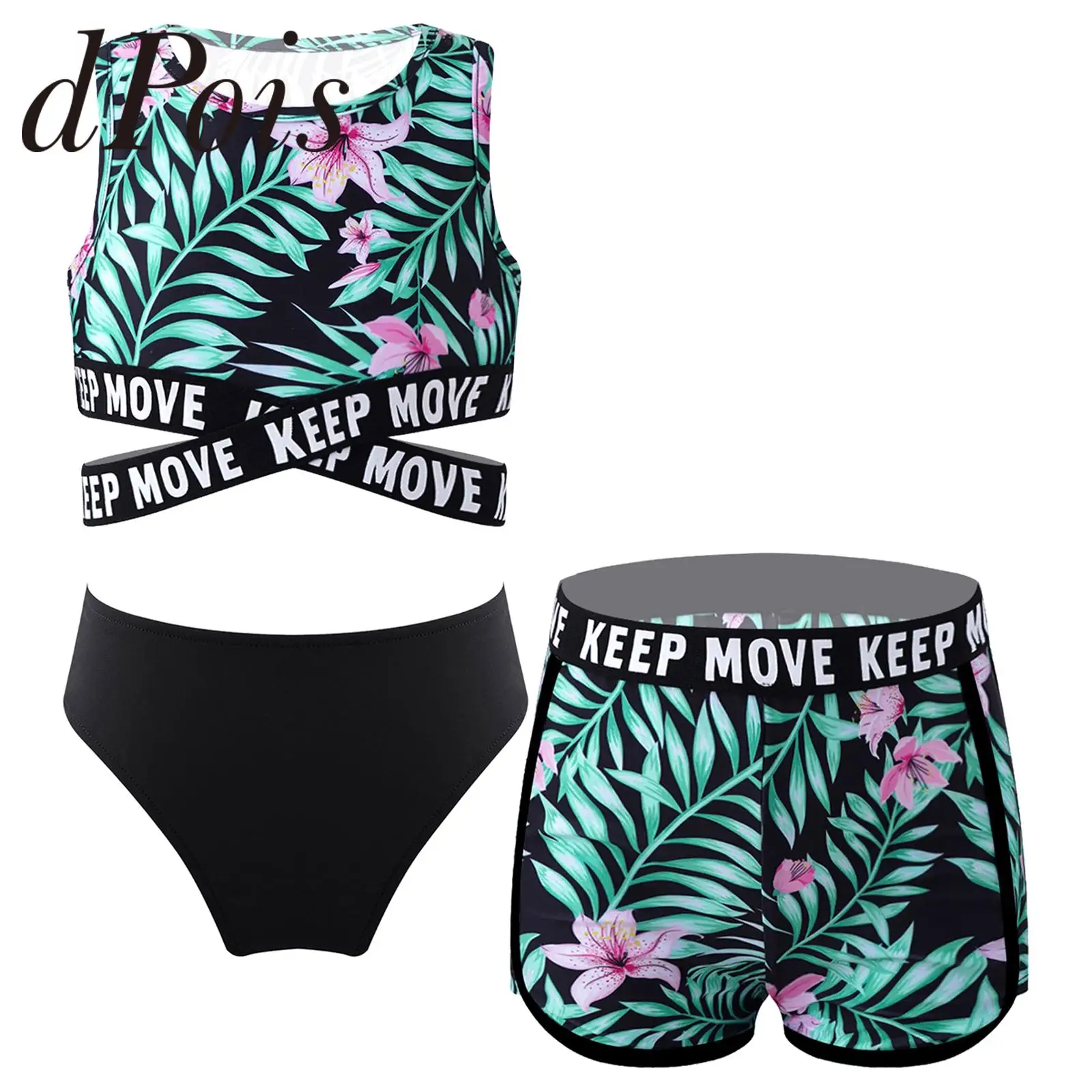 

3Pcs Kids Swimsuit Set Sleeveless Crop Top with Shorts And Briefs childs Swimwear for Girls Beach Pool Swimming Bathing Suits