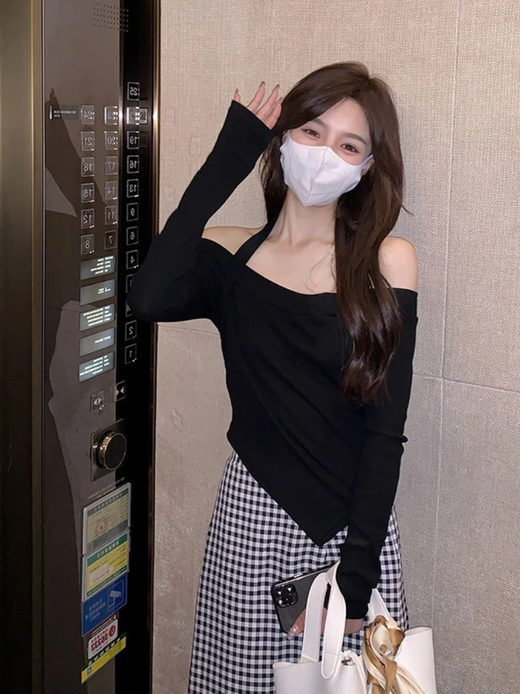 

Женский топ с открытыми плечами SVOKOR, Короткий Повседневный облегающий джемпер с длинным рукавом и воротником, однотонный топ