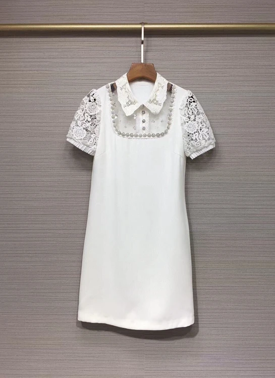 

2022 new women fashion short sleeve perspective stitching water soluble sleeve slim small lapel dress 621