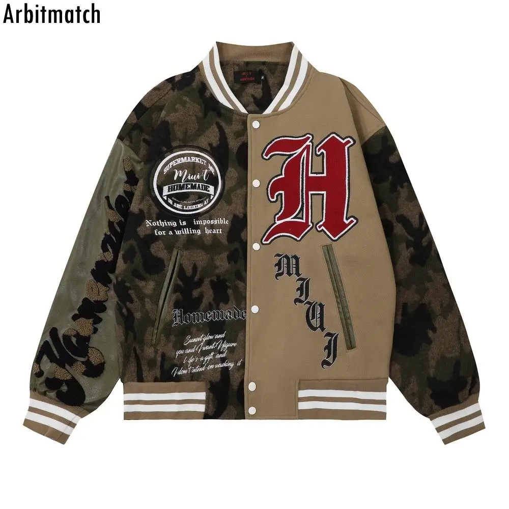 

Men Hip Hop Jacket Coat Varsity Jacket Streetwear Letter Embroidery Camouflage Patchwork Bomber Jacket Men Baseball Short Jacket