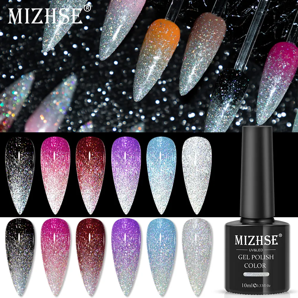 

MIZHSE Universal Reflective Holographic Gel Nail Polish Soak Off UV/LED Gel for Nail Art Semi-permanent 10ml Laser Glitter Gel