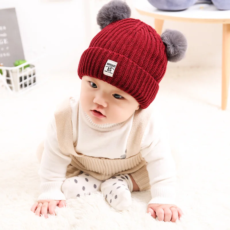 

Baby Winter Hat Solid Color Kids Acrylic Warm Knitting Caps for Girls Boys Two Hairballs Ear Warmer Children Headwear
