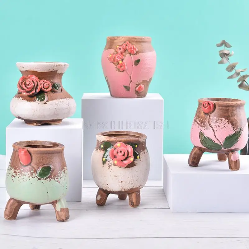 

Cute Succulent Potted Planters Flower Pot Ceramic Flower Vase Colorful Floral Hand-painted Thumb Pot Flowerpot