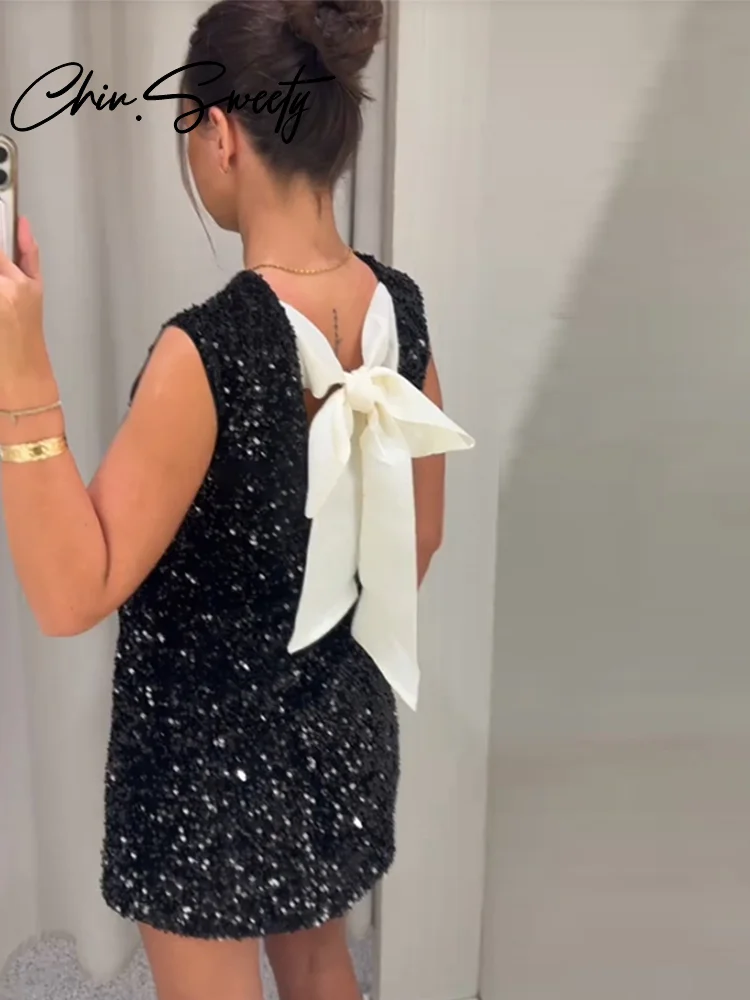 Мини-платье с блестками и бантом на шнуровке женское сексуальное платье без