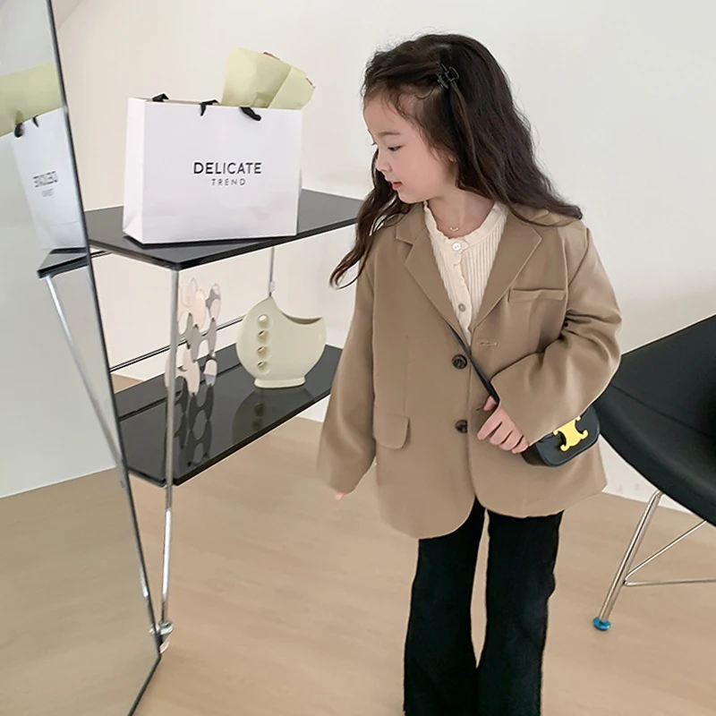 

Spring Autumn Girls Blazer Baby Suit Jacket Kids Coat Children Blazer Toddler Clothes Preppy Style Brown Solid 1-8Y