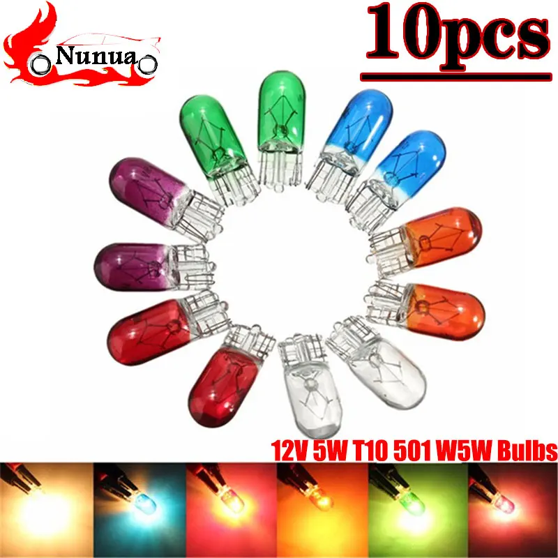 

10Pcs Car Side Wedges Light Instrument License Plate Lamp 12V 5W T10 501 W5W Bulbs Single Filament Multiple Colour Bulbs Lamps