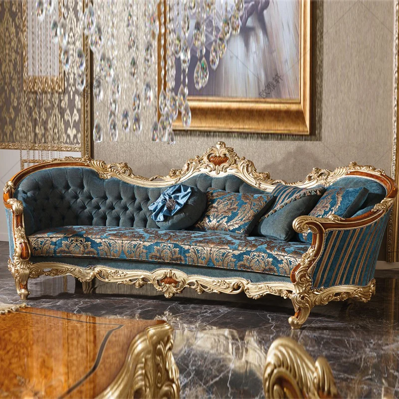 

Индивидуальный Европейский диван, сочетание золотого фольги, цельное дерево, резной большой семейный диван, гостиная, полный набор мебели