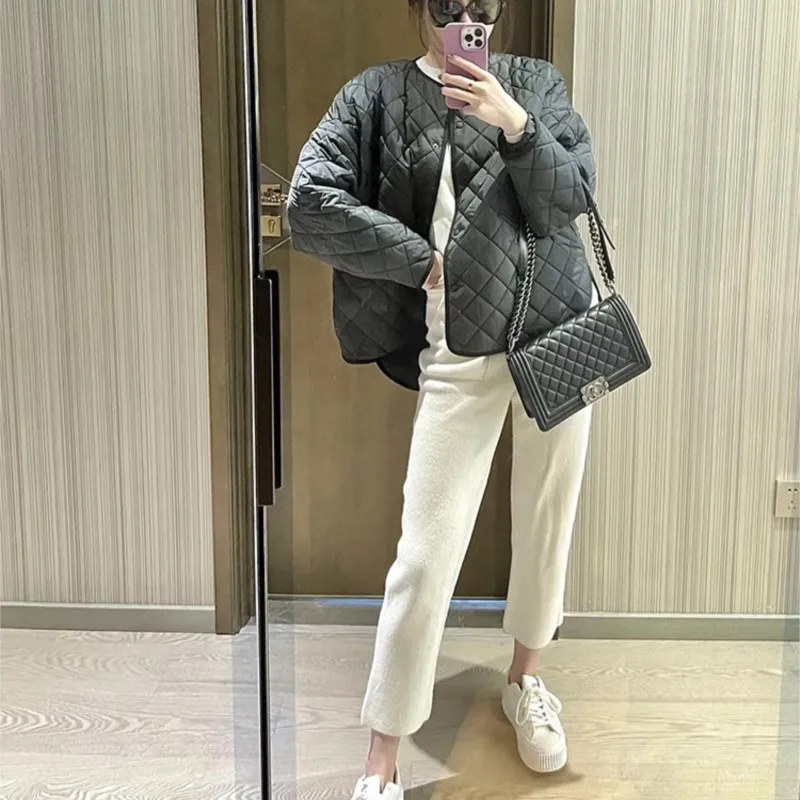 Coat Cotton Canvas Autumn And Winte New Short Front And Back Long Rhombus Check Short Round Neck Button Cotton Jacke Ins Fashion