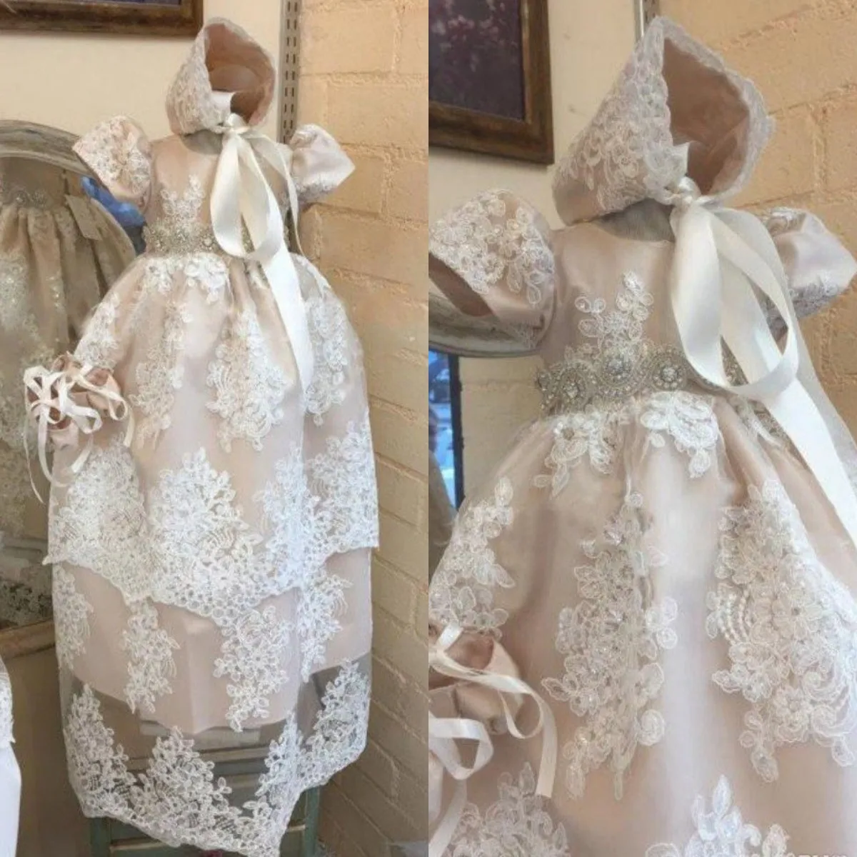 ze różowe koronkowe suknie do chrztu dla dziewczynek z krótkimi rękawami i kryształowymi szarfami aplikacjami sukienkami