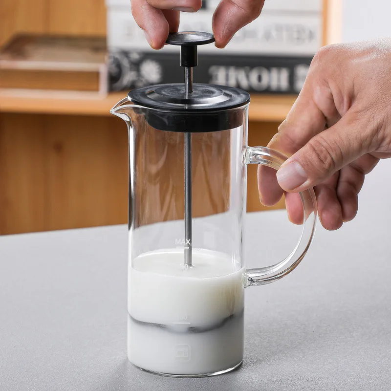 Manual Glass Milk Frother 480ml Coffee Glass Pot Mixer Cream