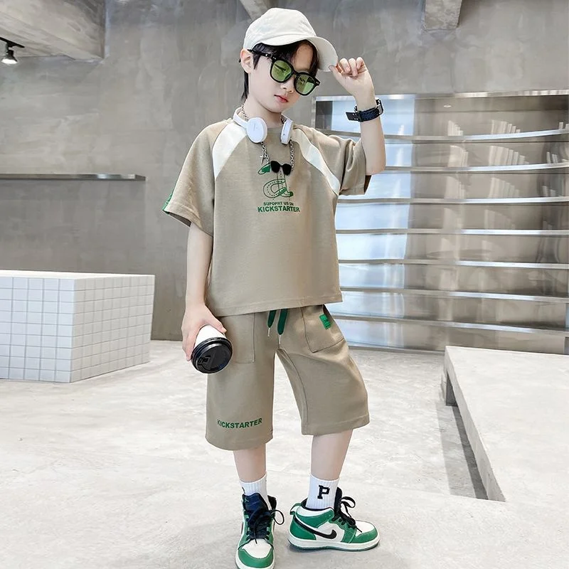 

kids Summer Suit 2023 New Mid to Large Children's Short Sleeve Fashion Casual Handsome Boys' Sports Thin Two Piece Set Trend