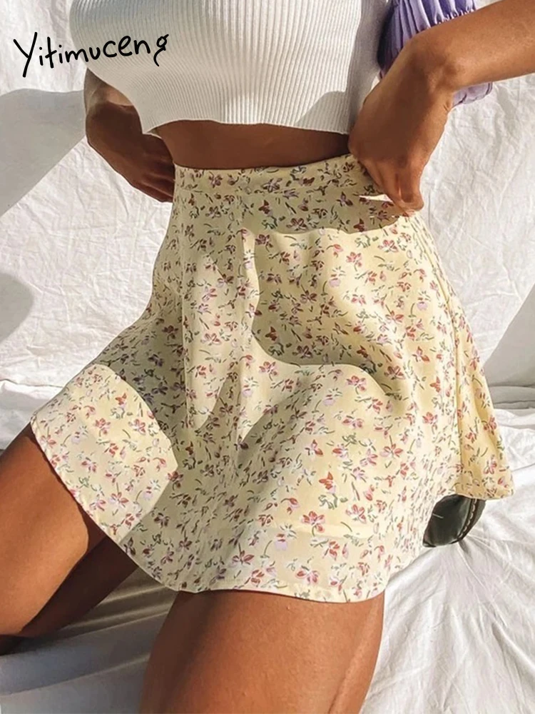 Женская мини-юбка с высокой талией желтая шифоновая трапециевидная юбка на