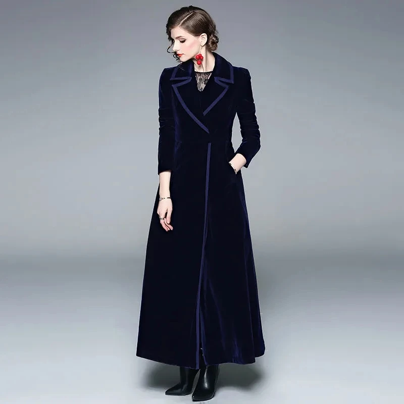 

Trench Coat For Women Autumn Winter 2022 Runway Designer Women Vintage Notched Velvet Thick Long Windbreaker Outerwear Ladies