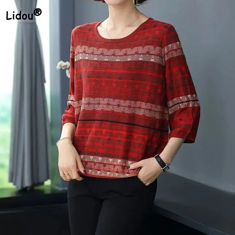 

Vintage Elegant 3/4 Sleeve Striped Thin T-shirt Loose Women's Clothing Summer Fashion Casual Round Neck Printing Tops Female