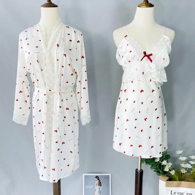 

Women 2PCS Pajamas Set V-Neck Home Nightwear Lingerie White Sweet Cherry Print Pijama Spring Nighty Robe Gown Suit Sleepwear