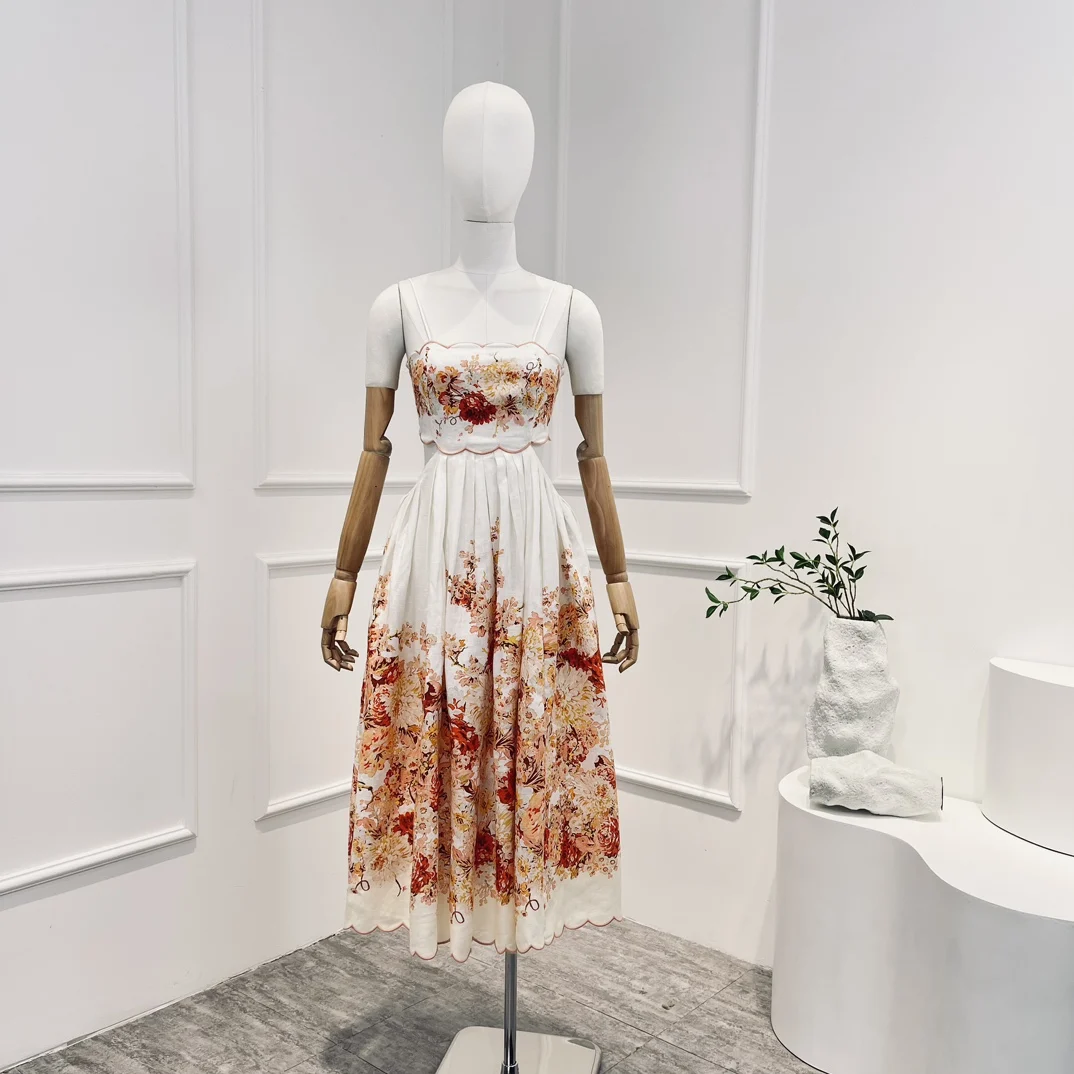 

Женское винтажное платье средней длины, белое льняное платье с цветочным принтом, на шнуровке, без рукавов, весна-лето 2023