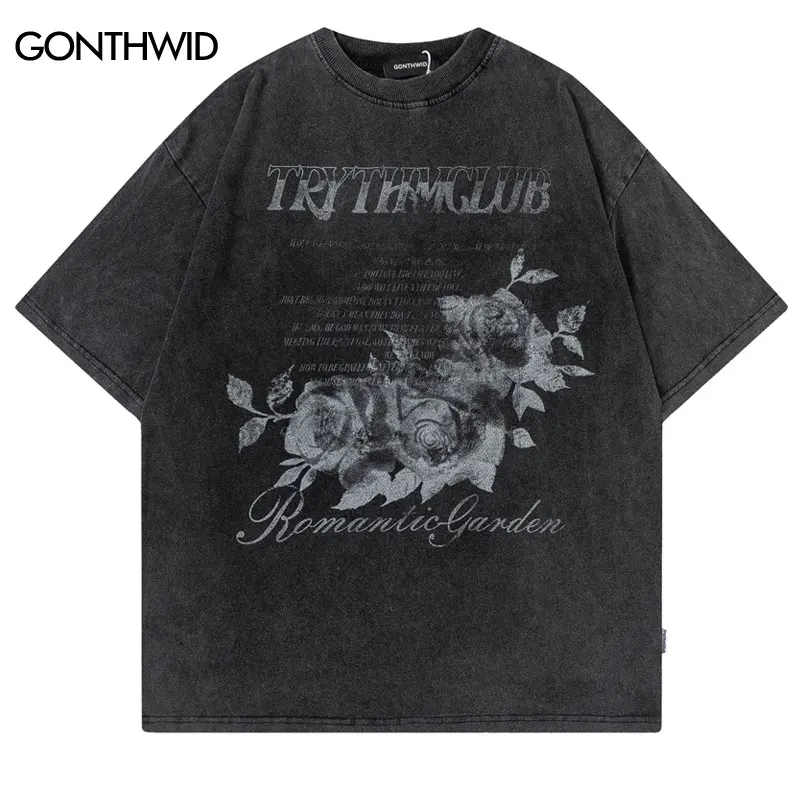 

Men Distressed Tshirt Hip Hop Vintage Floral Rose Print T-Shirt Harajuku Punk Gothic Short Sleeve Tee Shirts 2022 Summer Tops