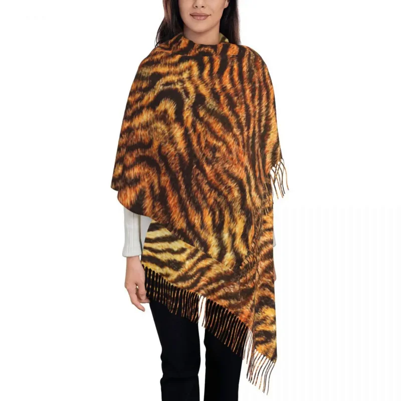 

Female Large Bengal Tiger Fur Wildlife Print Pattern Scarves Winter Fall Warm Tassel Shawl Wrap Animal Skin Leopard Fur Scarf