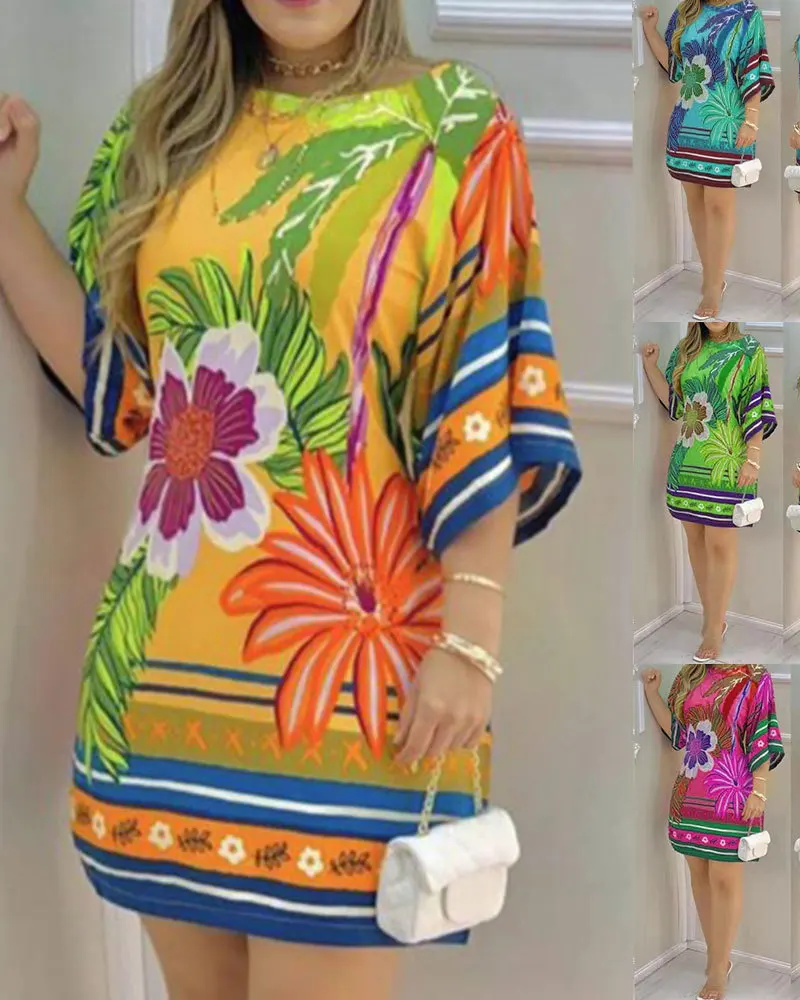 

Elegant Women's Dresses Flower 2022 Summer Fashion Printed Round Neck Half Sleeve Party Dress S-XXL